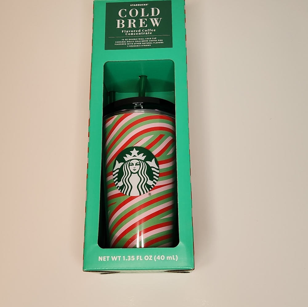 Starbucks Cold Brew 16 Oz. Double Wall Cold Cup Caramel Dolce Pod 3 Straws
